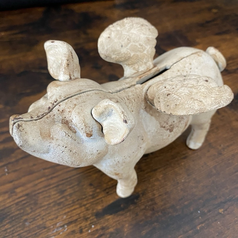 Vintage Cast Iron Piggy Bank Pig With Wings Heavy Rustic 3lbs 11oz